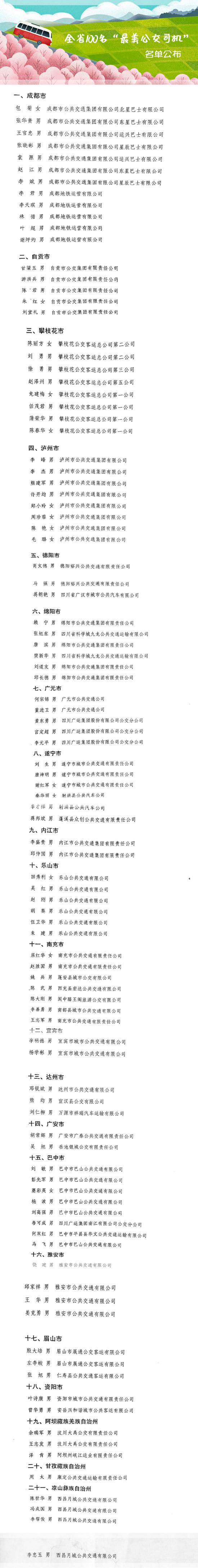 四川100名“最美公交司机”名单公布 有你认识的人吗